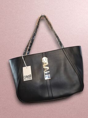 Cavalli Class Black Leather Tote with Gold Lettering